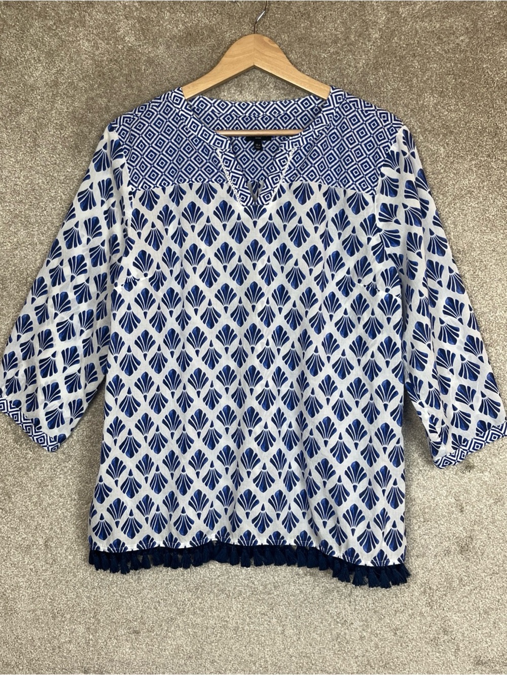 Talbots Shirt Womens Extra Large Petite Blue White Cotton Pullover Tassel- 5296
